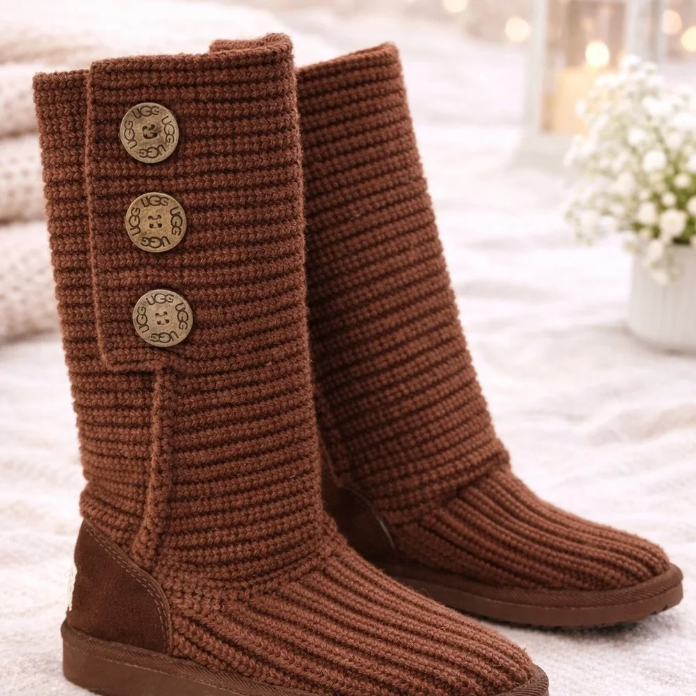 UGG Classic Cardy Knit Button Boots Brown Tall Sweater Boots Women’s Size 5